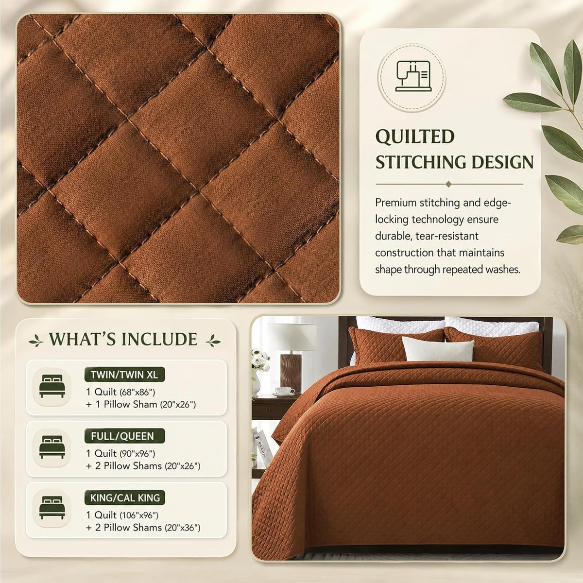 King Quilt Bedding Set, Lightweight Bedspreads,Brunt Orange | Soft Coverlet with 2 Pillow Shams,Morden Style Quilts for All Season,Suitable for Bed,Couch,Bedroom,Guest Room,106"X96"