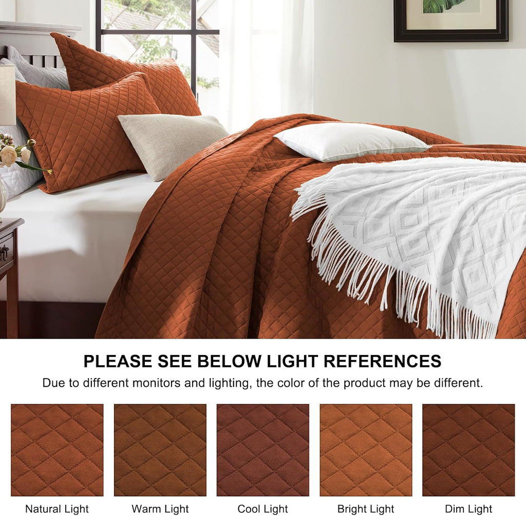 King Quilt Bedding Set, Lightweight Bedspreads,Brunt Orange | Soft Coverlet with 2 Pillow Shams,Morden Style Quilts for All Season,Suitable for Bed,Couch,Bedroom,Guest Room,106"X96"
